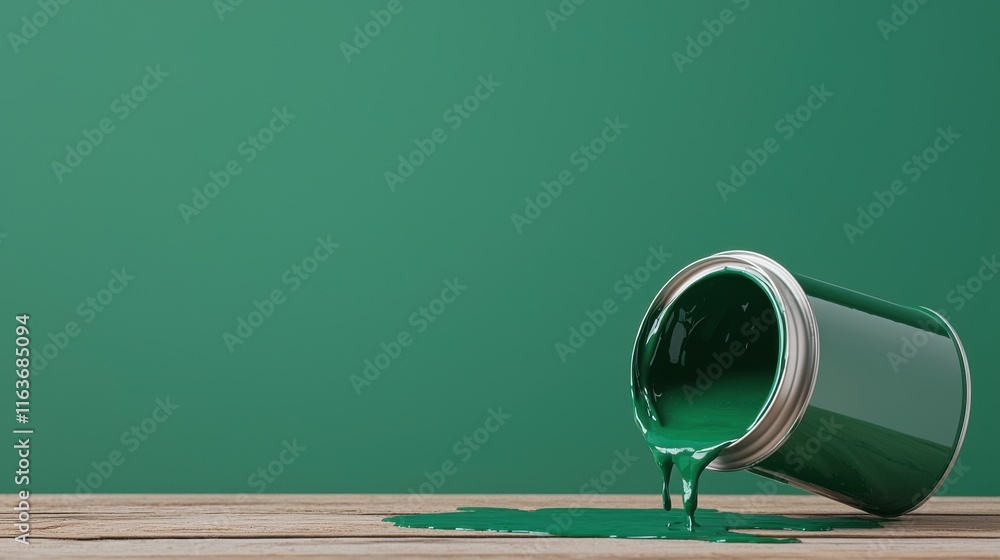 Poster vibrant green paint spilling from an overturned paint can creating a messy abstract pattern on the s