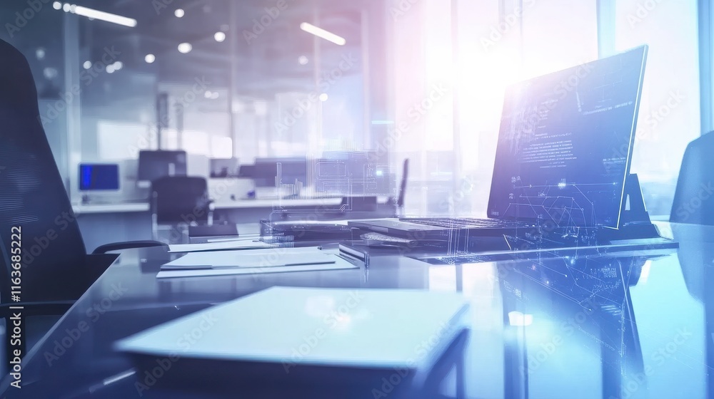 Poster modern tech office with computing equipment and animation