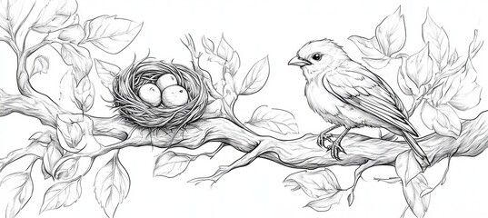 Detailed Black and White Illustration of a Bird on a Branch Near Its Nest Filled with Eggs
