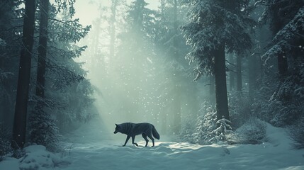 Solitary wolf walks a snowy forest path on a winter's day, bathed in soft morning light.