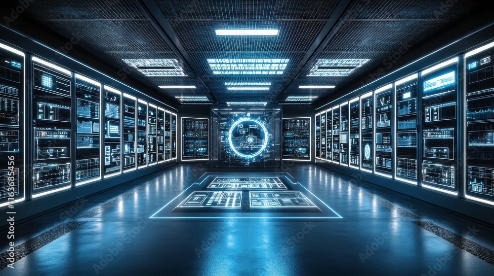 Poster modern tech room with seamless interface and visuals