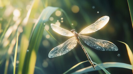 Dragonfly in sunlight, ethereal, delicate wings,  nature,  grass,  morning,  sunrise,  glowing,  