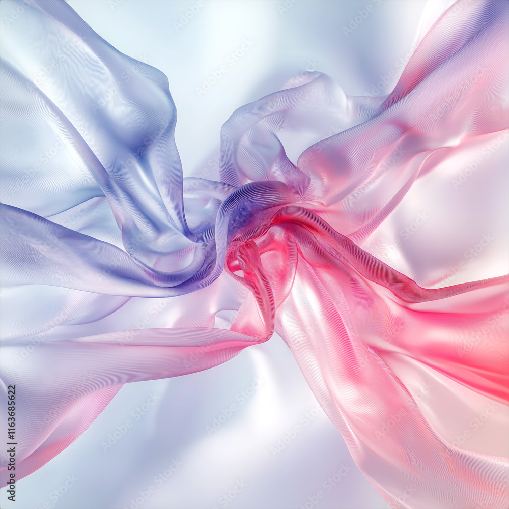 Poster Translucent, silky waves gently curve and twist into an abstract pattern. The base palette includes pastel shades of pink, purple and white. Light accents and gradients add lightness