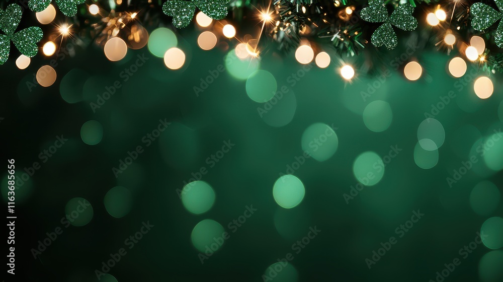 Poster st. patrick's day background concept, sparkling clover decoration cascading down an emerald backgrou