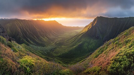 Obraz premium Golden Hour in Waimea Canyon, Kauai: A Breathtaking Sunset Panorama