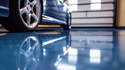 A close-up shot of the perfectly aligned blue epoxy resin floor in an elegant garage, reflecting light and creating reflections on its surface.