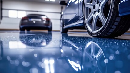 A close-up shot of the perfectly aligned blue epoxy resin floor in an elegant garage, reflecting light and creating reflections on its surface.