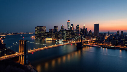 Fototapeta premium New York City Skyline at Night with Bridge