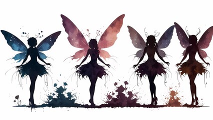 Black fairy girls silhouette, watercolor, on white background.
