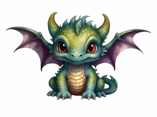 Fototapeta premium Watercolor green baby dragon on white background. 