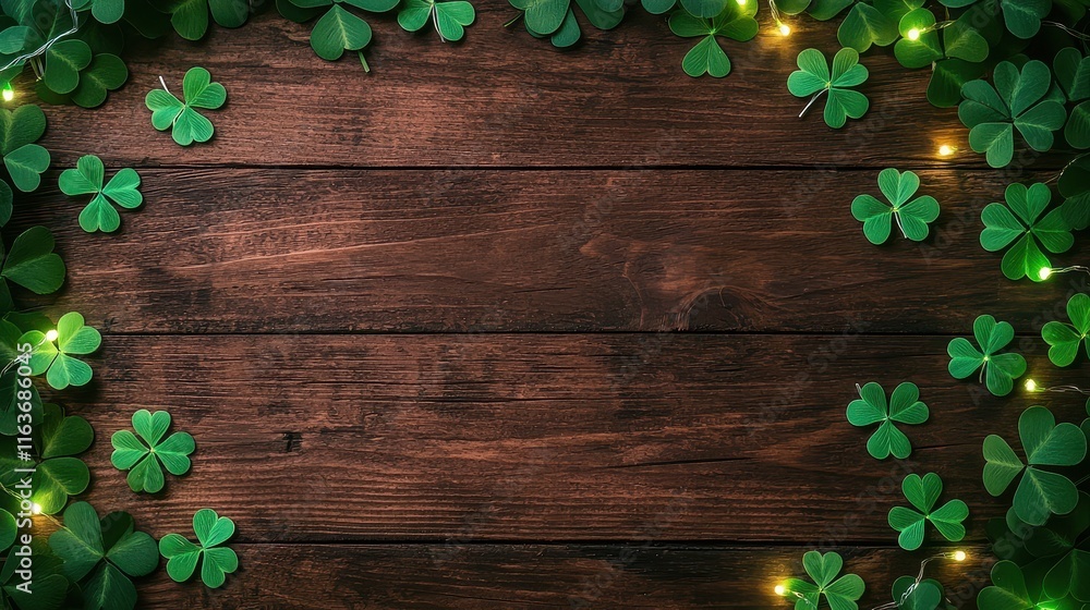 Poster st. patrick's day background concept, rustic wooden backdrop adorned with clover patterns and twinkl