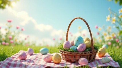 Colorful easter eggs in basket on checkered blanket in sunny meadow
