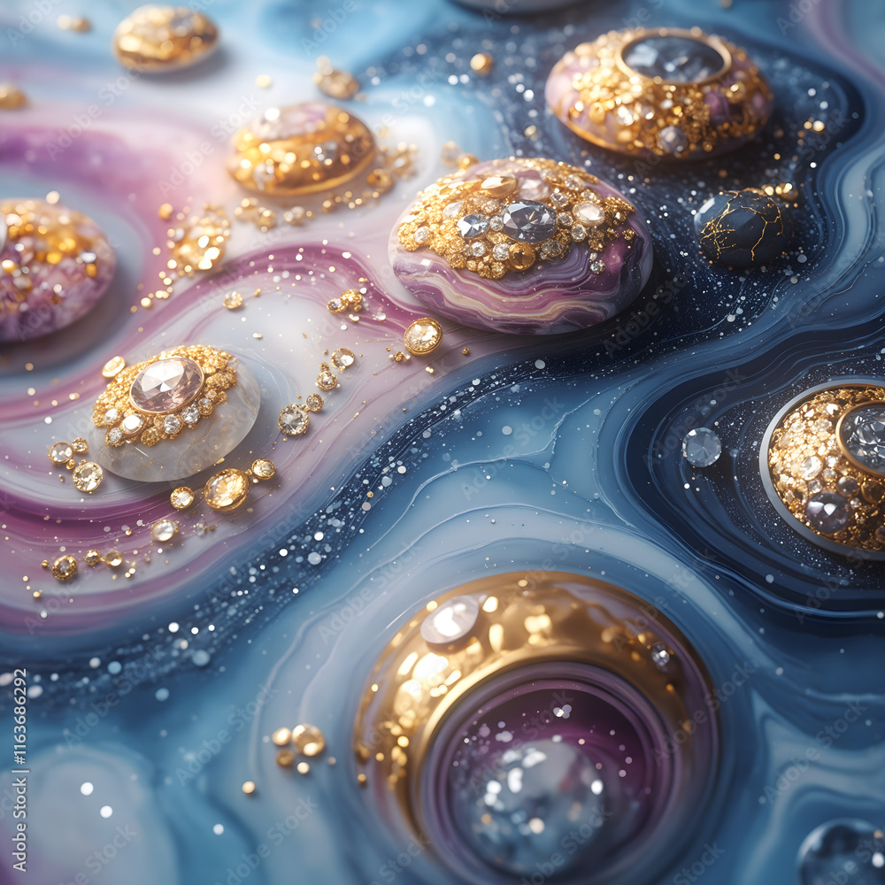 Poster Shimmering pink and blue waves form a dynamic marble pattern with gold elements and gemstones scattered throughout
