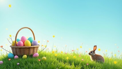 Colorful easter eggs in basket with curious bunny on vibrant spring meadow