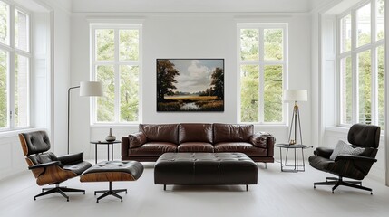 A bright living room with white walls and massive windows allowing natural light