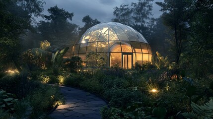 Fototapeta premium Modern geodesic dome greenhouse nestled in a lush garden at twilight.