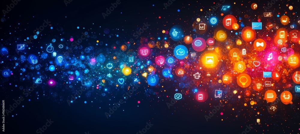 Poster vivid social media icon stream a colorful burst of technology and connection on dark background