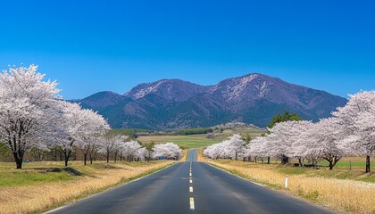 Naklejka premium Scenic Road Through Blooming Cherry Blossoms, Picturesque Mountains, Spring Landscape in Japan