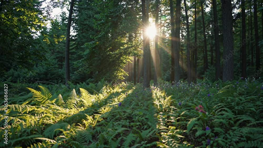Poster sunlight streams through a serene forest with lush ferns and vibrant greenery in early morning