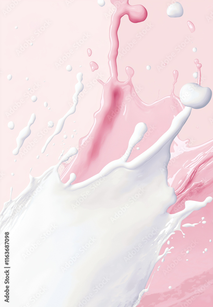 Poster 3d rendering of a milk splash on a white background with flying liquid drops and a wave-shaped desig