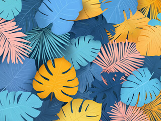 illustration of neon Monstera deliciosa leaves growing in tropical forest for creative design elements