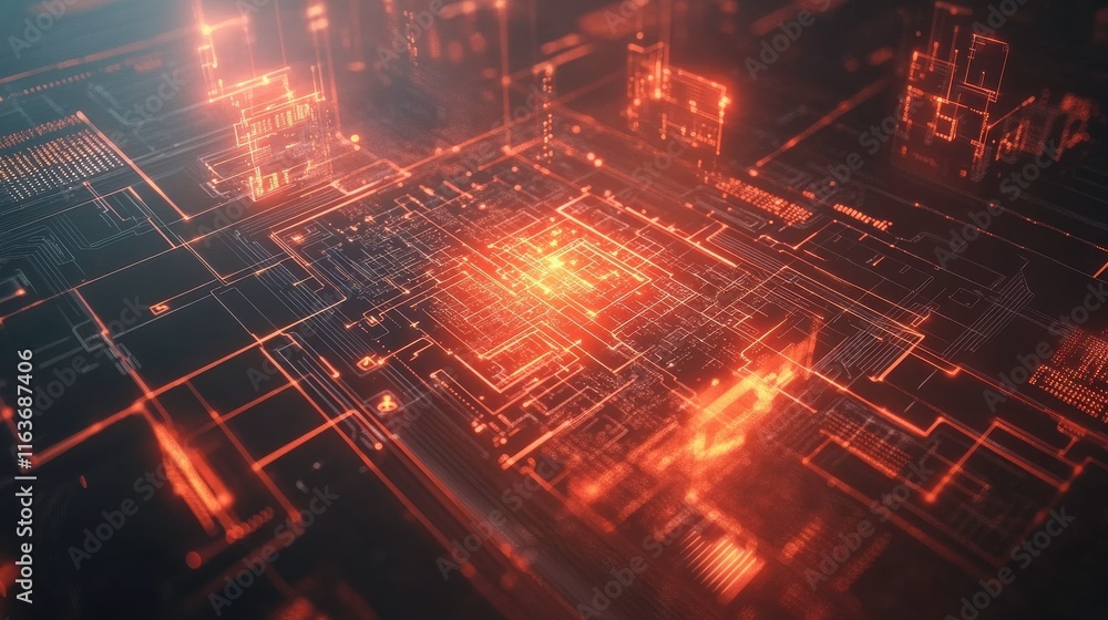Poster radiant quantum computing chips in animated light