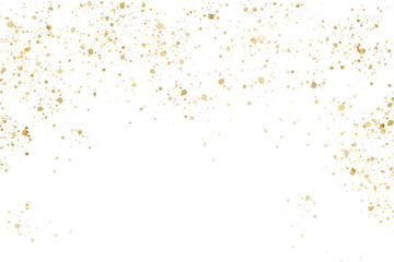 Gold glitter particles, glow, golden splatter isolated on transparent background. Festive gold decoration for your design