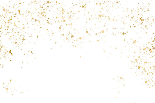 Gold glitter particles, glow, golden splatter isolated on transparent background. Festive gold decoration for your design