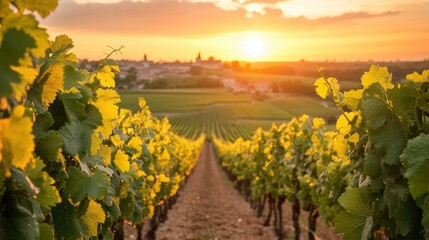Fototapeta premium Breathtaking Sunset View Over Lush Vineyard Landscape in Chinon, France Captured at Golden Hour with Vibrant Colors and Serenity