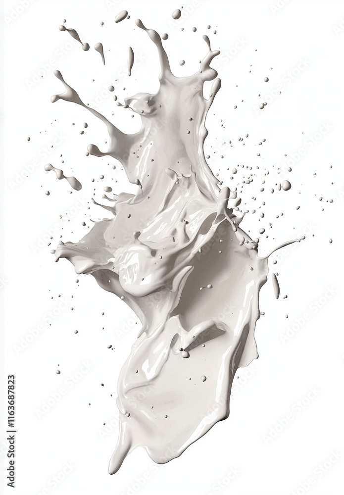 Poster 3d rendering of a milk splash on a white background with flying liquid drops and a wave-shaped desig