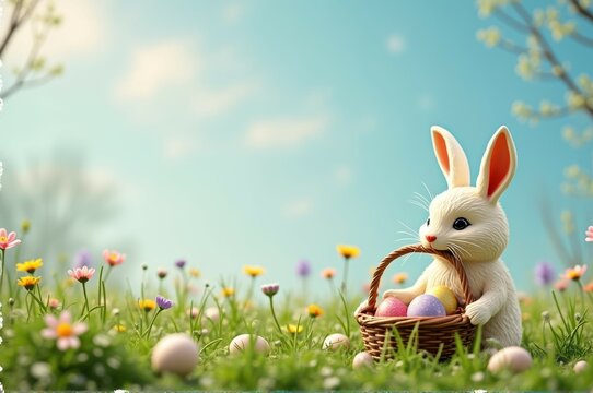 Adorable rabbit with easter egg basket in vibrant spring meadow