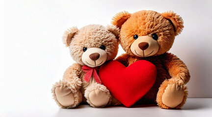 Fototapeta premium teddy bears holding a shared plush red heart 
