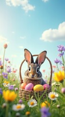 Fototapeta premium Adorable bunny with easter eggs in spring meadow
