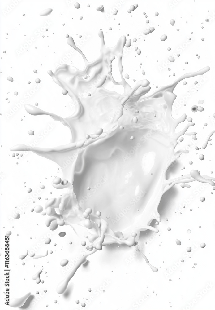 Poster 3d rendering of a milk splash on a white background with flying liquid drops and a wave-shaped desig
