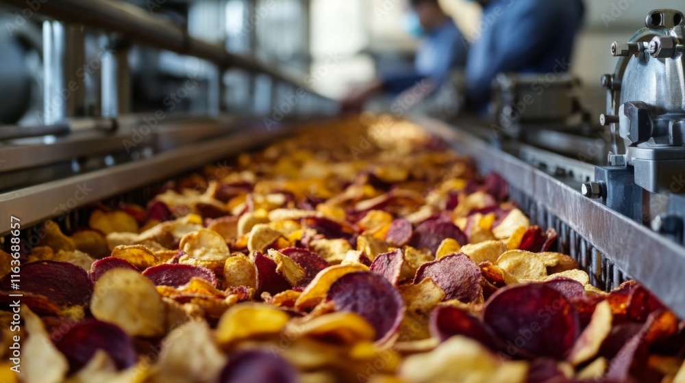 Poster brightly colored slices of vegetables move along a production line in a factory.