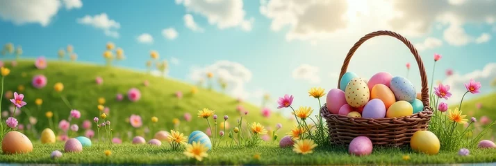 Colorful easter egg basket in vibrant spring meadow under sunny sky