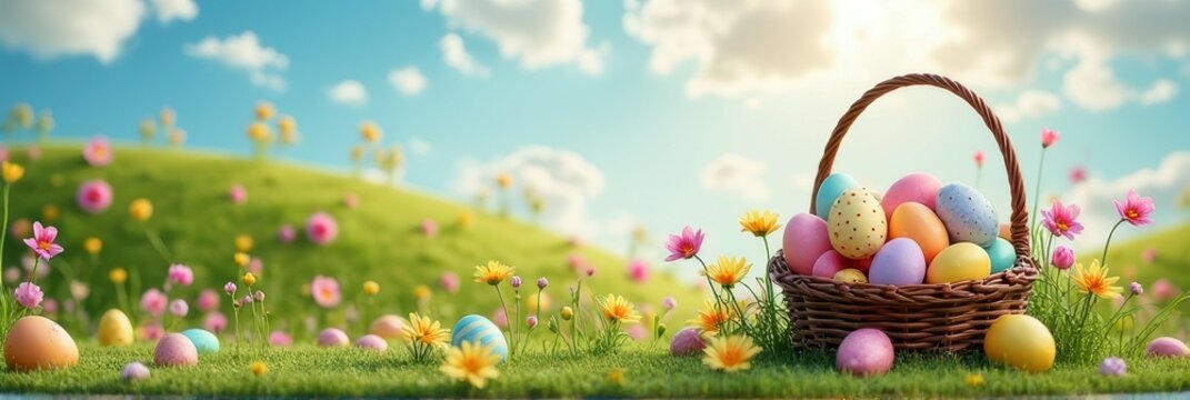 Colorful easter egg basket in vibrant spring meadow under sunny sky