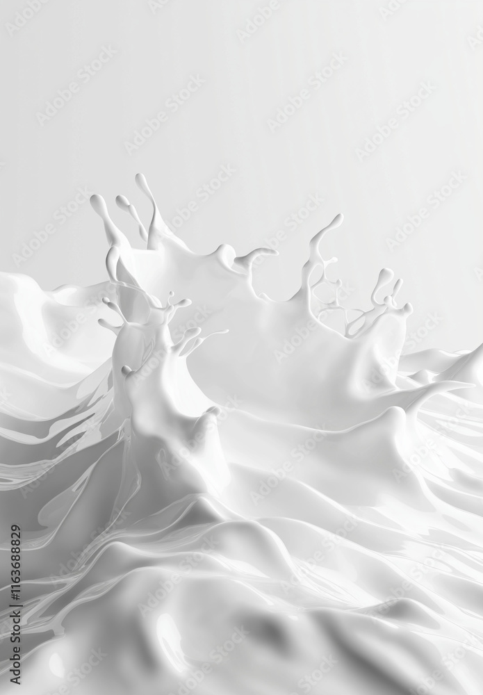 Poster 3d rendering of a milk splash on a white background with flying liquid drops and a wave-shaped desig