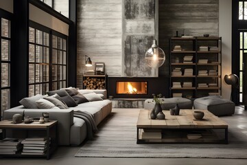 Industrial interior design and monochromatic palettes of greys with modern elements