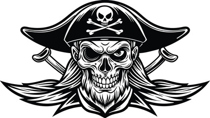 Vintage monochrome skull in pirate hat