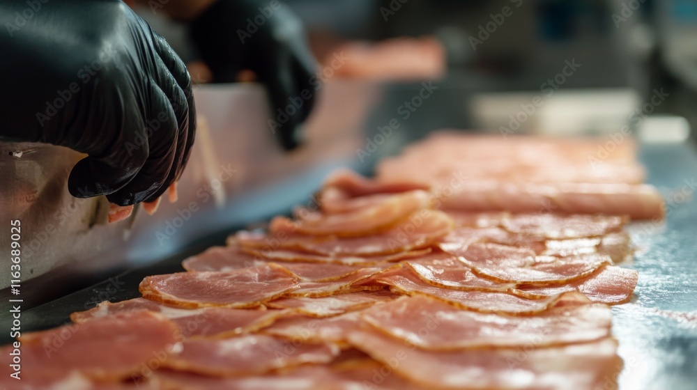 Poster Operators use advanced machinery and AI technology to slice and package meat efficiently on a production line. The process ensures precision, speed, and high-quality output for food distribution.
