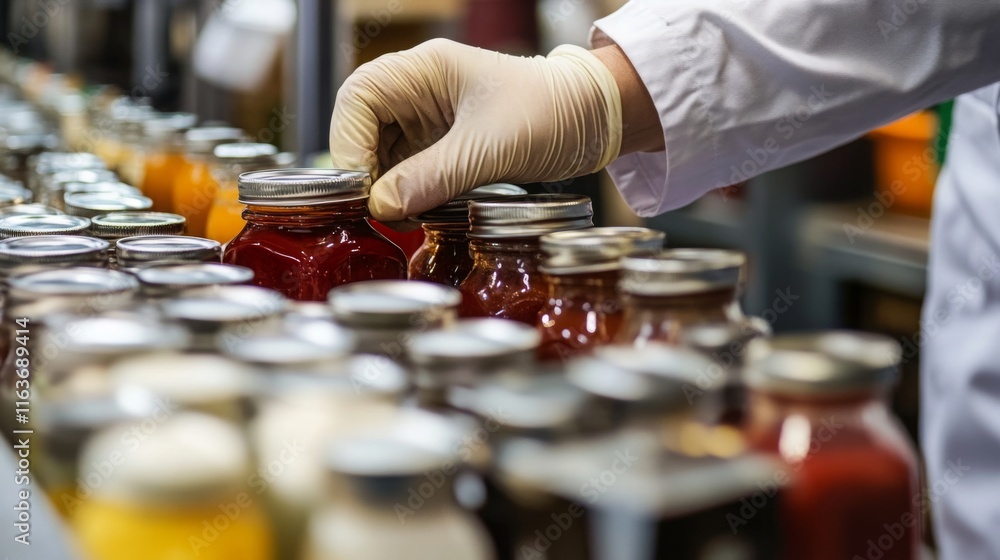 Aufkleber a worker wearing gloves meticulously seals jars filled with various sauces on a food production line
