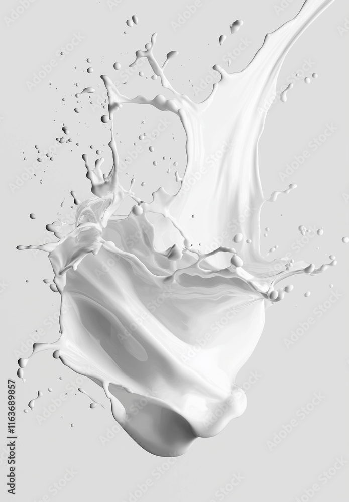 Aufkleber 3d rendering of a milk splash on a white background with flying liquid drops and a wave-shaped desig
