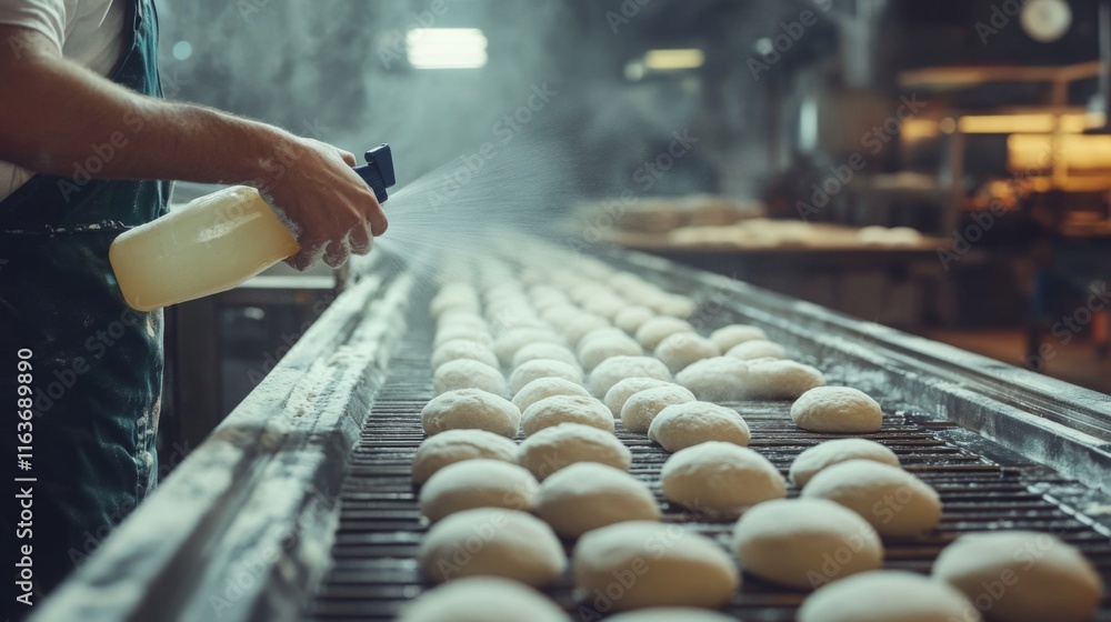 Poster a worker sprays moisture on rows of freshly shaped dough on a production line. the environment is in