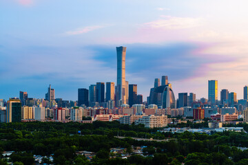 Skyline of Beijing CBD area at sunset, with cloud in the sky