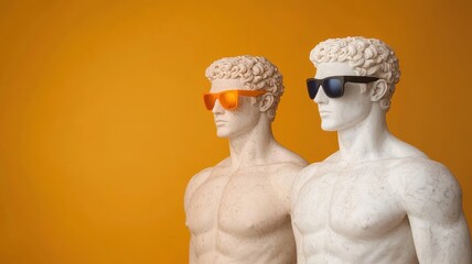 Obraz premium Ancient Greek Concept. Two stylish mannequins with sunglasses against an orange background.