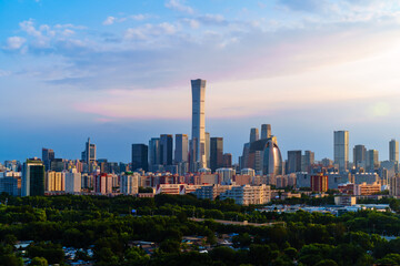 Fototapeta premium Skyline of Beijing CBD area at sunset, with cloud in the sky