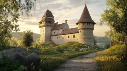 Obraz premium Majestic medieval castle at sunset, nestled in a verdant valley with a winding path leading to its entrance.