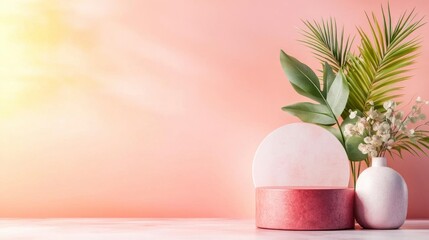 Fototapeta premium Serene Minimalist Botanical Display: Pink, Green, and White