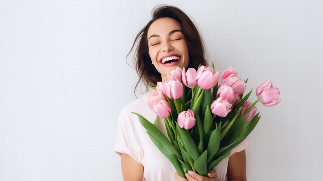 portrait of a smiling happy woman with bouquet tulips, woman day, spring flowers on white background  - Powered by Adobe